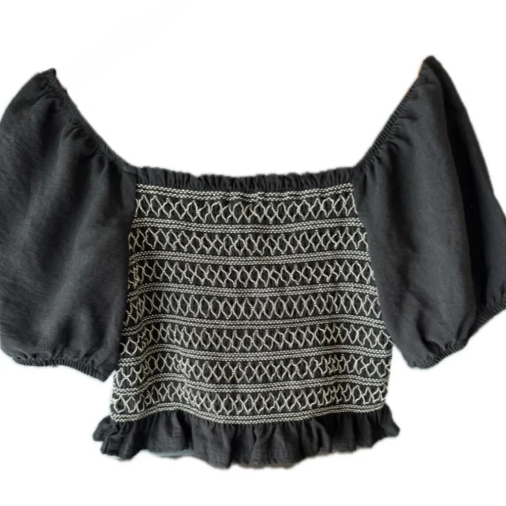 Blue Rain Smocked Puff Sleeve Crop Top Black Boho Cottagecore L - Picture 3 of 6